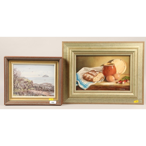 406 - D. Ganson; View towards Aaran; oil on canvas; together with Gennesseaux; Still Life of Bread and Egg... 