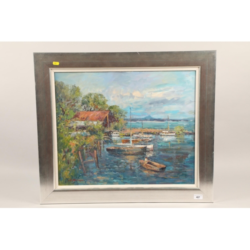 407 - J. D. Henderson; (Contemporary; Scottish); Sailing Boats in Harbour; oil on canvas; signed and frame... 