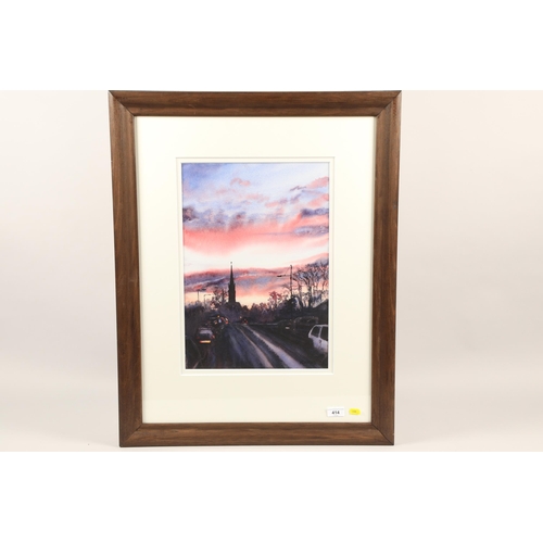 414 - Contemporary; Street Scene at Sunrise; watercolour on paper; unsigned; framed