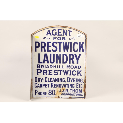 417 - Agent for Prestwick Laundry; a double sided white and blue enamel sign