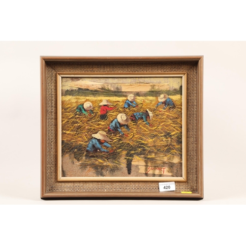 420 - Suchart (Thai School); Harvesting the Paddy Fields; oil on panel; signed; framed