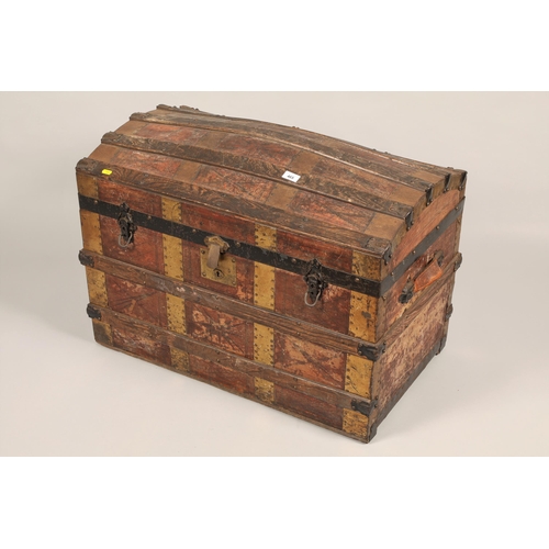 465 - Dome top wooden and brass bound trunk