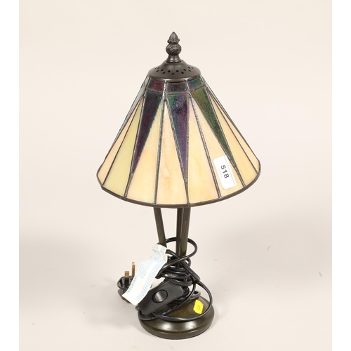 518 - Patinated metal table lamp with leaded glass shade