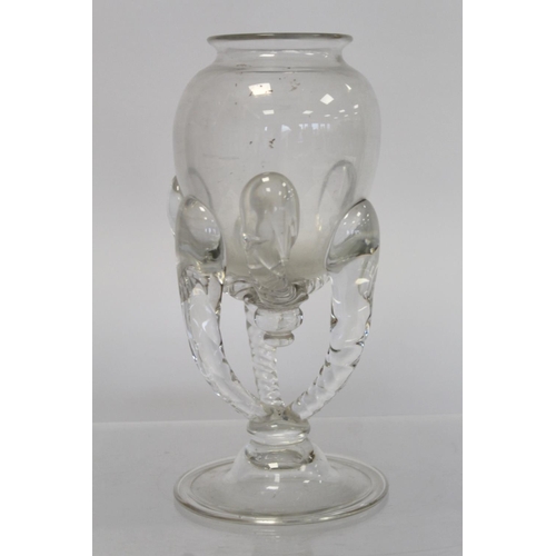 208 - An unusual antique clear glass vase in the Anglo-Saxon claw beaker style, the ovoid bowl with three ... 