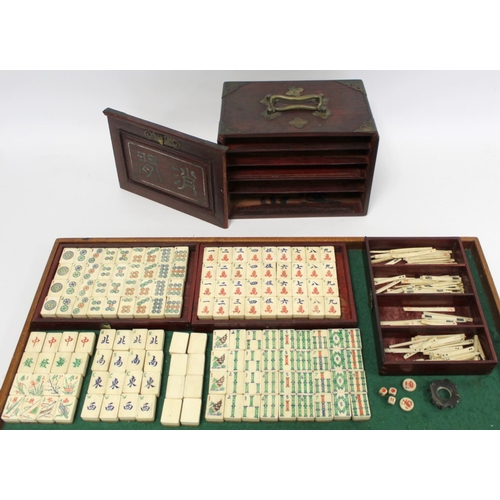 216 - 19th or early 20th century Chinese Mahjong set in wooden case, with 148 bone and bamboo tiles; also ... 