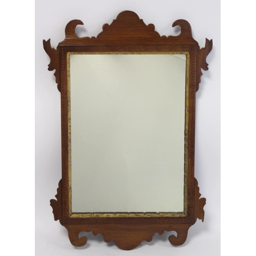 217 - George III style walnut fret carved wall mirror with inlaid stringing and moulded gilt slip, 52cm hi... 