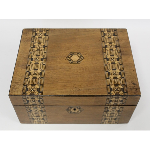 218 - Victorian walnut workbox with inlaid marquetry banding, panel and escutcheon, the interior with lift... 