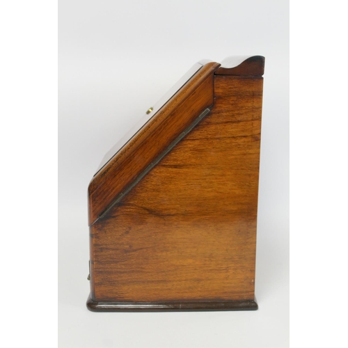 219 - Victorian burr walnut writing box of sloping rectangular form with twin hinged doors, pull out writi... 