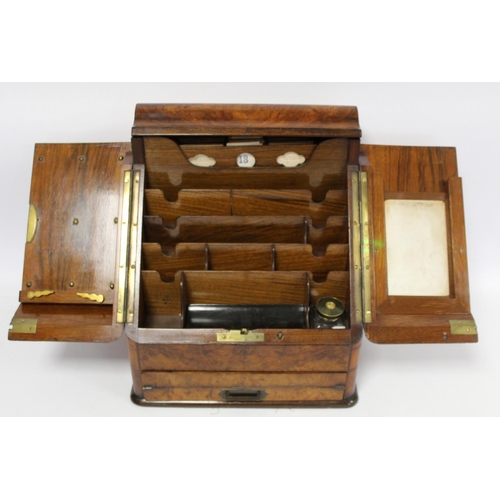 219 - Victorian burr walnut writing box of sloping rectangular form with twin hinged doors, pull out writi... 