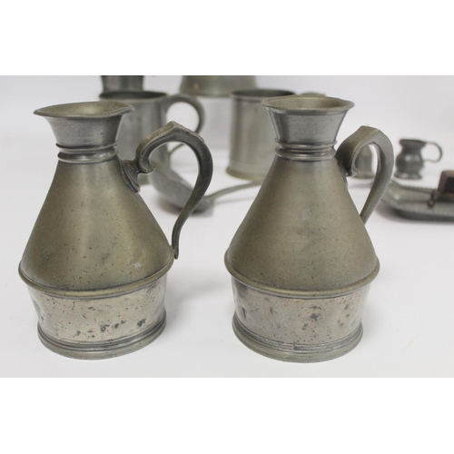 220 - Collection of antique pewter including: circular charger, 38.5cm diam. with incised initials PRE to ... 