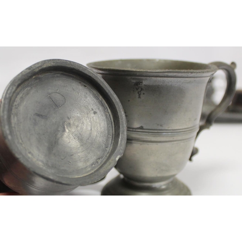 220 - Collection of antique pewter including: circular charger, 38.5cm diam. with incised initials PRE to ... 