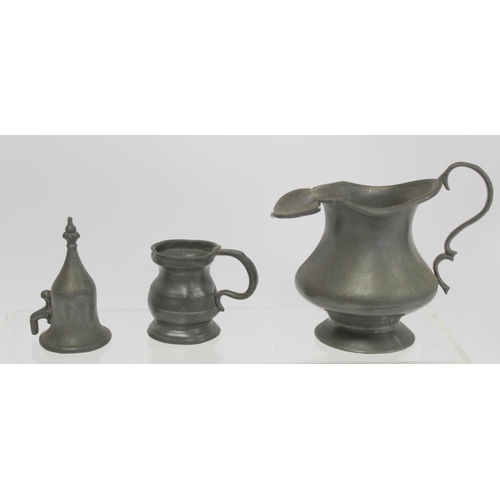 220 - Collection of antique pewter including: circular charger, 38.5cm diam. with incised initials PRE to ... 