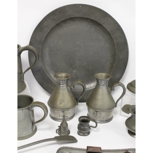 220 - Collection of antique pewter including: circular charger, 38.5cm diam. with incised initials PRE to ... 