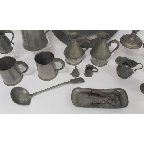 220 - Collection of antique pewter including: circular charger, 38.5cm diam. with incised initials PRE to ... 