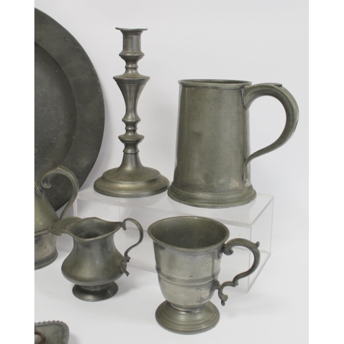 220 - Collection of antique pewter including: circular charger, 38.5cm diam. with incised initials PRE to ... 