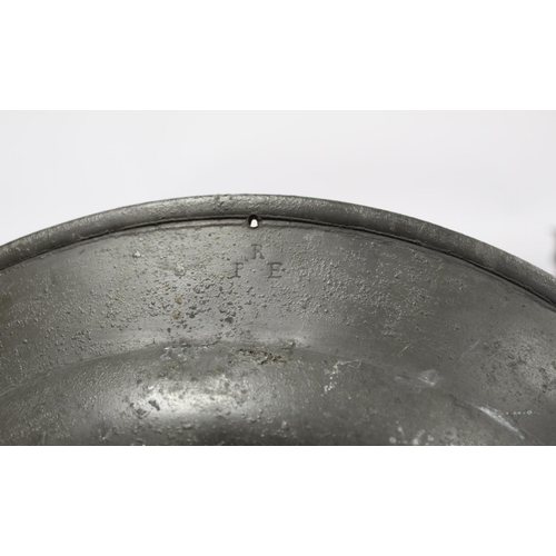 220 - Collection of antique pewter including: circular charger, 38.5cm diam. with incised initials PRE to ... 