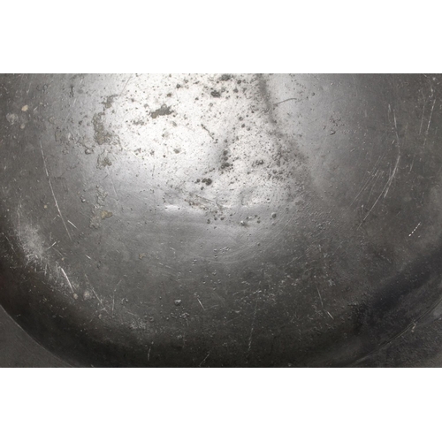 220 - Collection of antique pewter including: circular charger, 38.5cm diam. with incised initials PRE to ... 