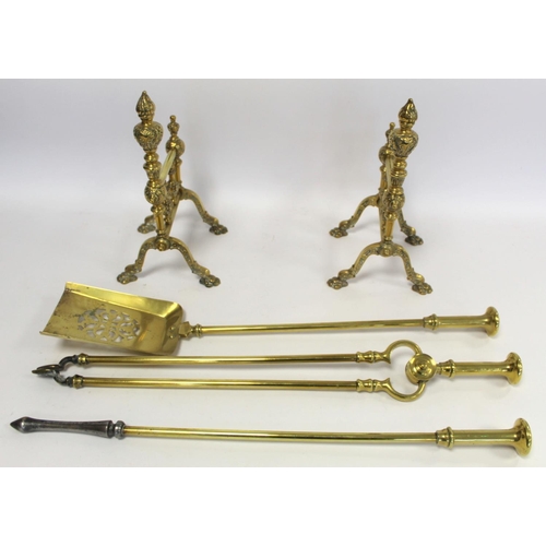 221 - Set of three brass fire irons, comprising shovel, tongs and poker with flattened knop handles, each ... 