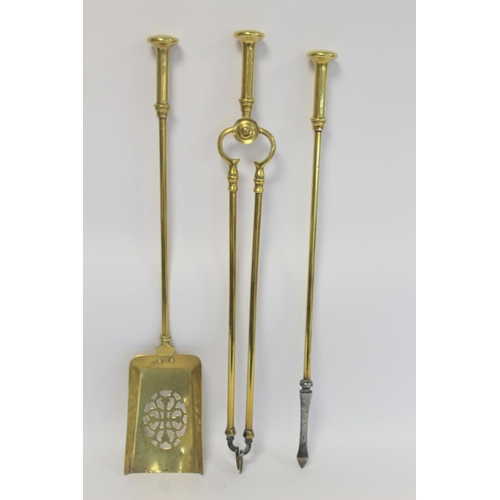 221 - Set of three brass fire irons, comprising shovel, tongs and poker with flattened knop handles, each ... 