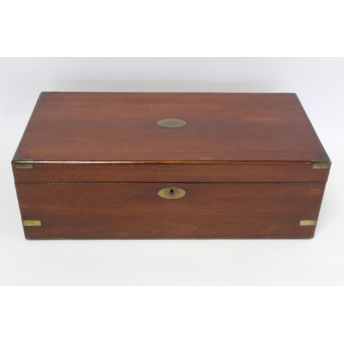 222 - Victorian mahogany writing box of rectangular form with inlaid brass corners, escutcheon and panel, ... 