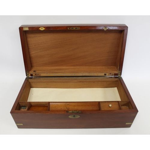 222 - Victorian mahogany writing box of rectangular form with inlaid brass corners, escutcheon and panel, ... 