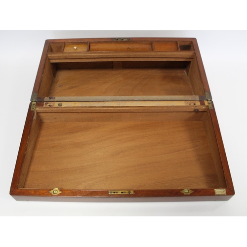 222 - Victorian mahogany writing box of rectangular form with inlaid brass corners, escutcheon and panel, ... 