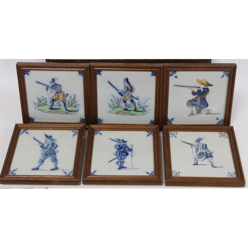 224 - Collection of ten antique Dutch Delft tiles depicting Dutch infantrymen, comprising: three framed po... 