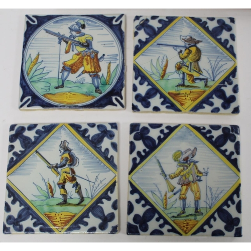 224 - Collection of ten antique Dutch Delft tiles depicting Dutch infantrymen, comprising: three framed po... 