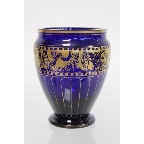 228 - 19th or early 20th century blue glass vase of baluster form with hand painted gilt panelling and bor... 