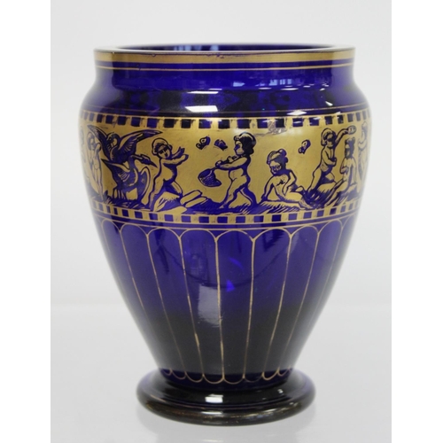 228 - 19th or early 20th century blue glass vase of baluster form with hand painted gilt panelling and bor... 