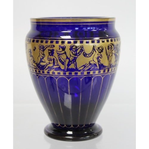 228 - 19th or early 20th century blue glass vase of baluster form with hand painted gilt panelling and bor... 