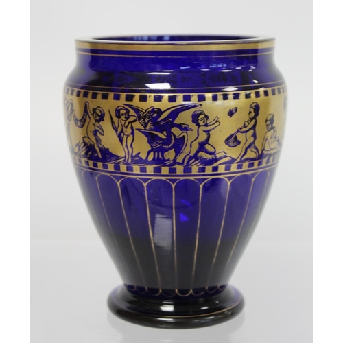 228 - 19th or early 20th century blue glass vase of baluster form with hand painted gilt panelling and bor... 