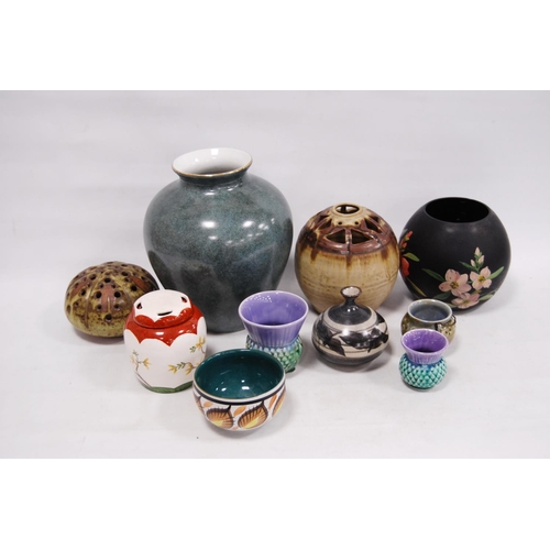 54 - Art pottery bowls and vases, oviform vase, spill vases modelled as thistles etc.
