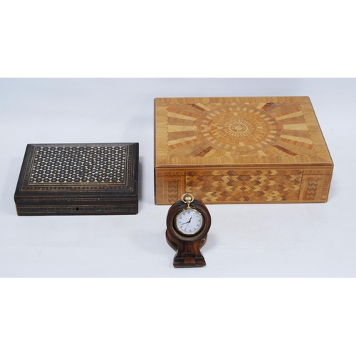 55 - Specimen-style inlaid stationery box, middle eastern-style inlaid box and a modern pocket watch in a... 