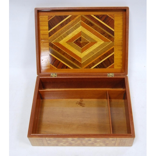 55 - Specimen-style inlaid stationery box, middle eastern-style inlaid box and a modern pocket watch in a... 