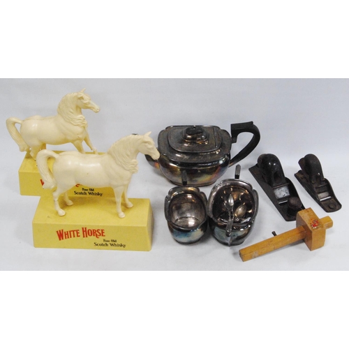 63 - Pair of White Horse whisky figures, woodworking planes, three-piece EP tea set, souvenir spoons etc.