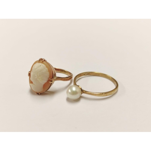 87 - 9ct gold cameo ring and a 9ct gold pearl-set ring, 3.7g gross.  (2)