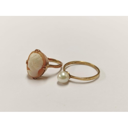 87 - 9ct gold cameo ring and a 9ct gold pearl-set ring, 3.7g gross.  (2)