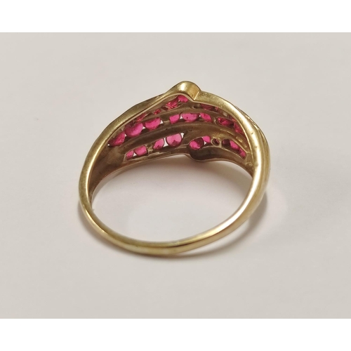 92 - 9ct gold ring set with small ruby-style stones, 2.9g gross.