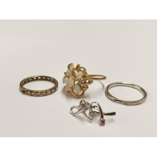 96 - Yellow metal opal-set lady's ring, 9ct white gold band ring, pair of 9ct white gold earrings set wit... 