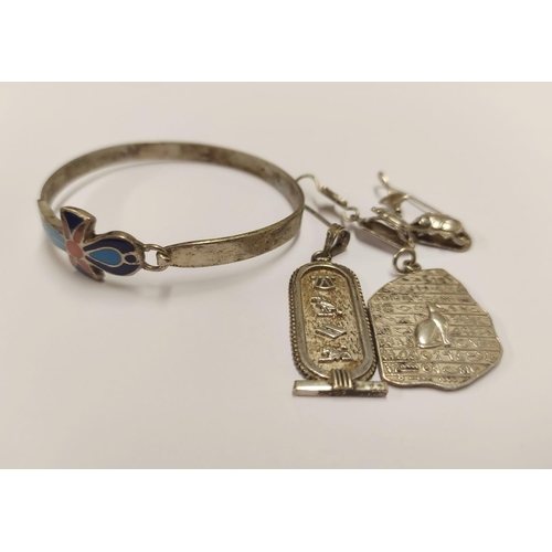 97 - Enamel decorated bangle, pendant, Egyptian pendant and a pair of scarab earrings, all 925 silver, 41... 