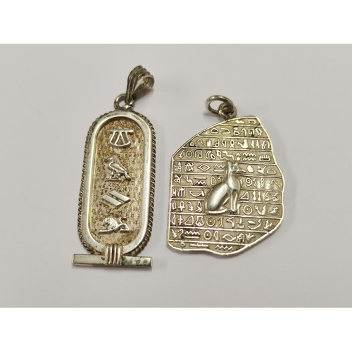 97 - Enamel decorated bangle, pendant, Egyptian pendant and a pair of scarab earrings, all 925 silver, 41... 