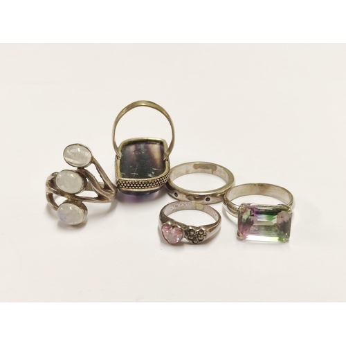 98 - Group of five 925 silver rings set with various stones, 31.2g gross.