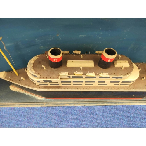 80 - Early 20th century large crude wooden model of a twin funneled steam ship. Complete with case 100x50... 