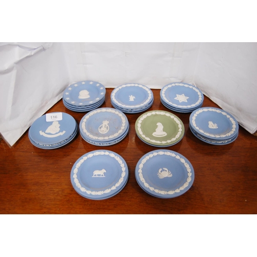 116 - Group of Wedgwood blue Jasper ware pin dishes and one green Jasper ware pin dish.&nbsp;&nbsp;