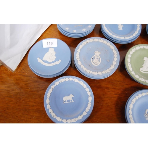116 - Group of Wedgwood blue Jasper ware pin dishes and one green Jasper ware pin dish.&nbsp;&nbsp;