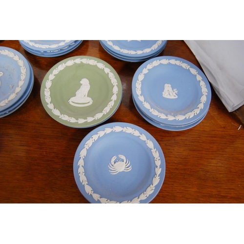 116 - Group of Wedgwood blue Jasper ware pin dishes and one green Jasper ware pin dish.&nbsp;&nbsp;