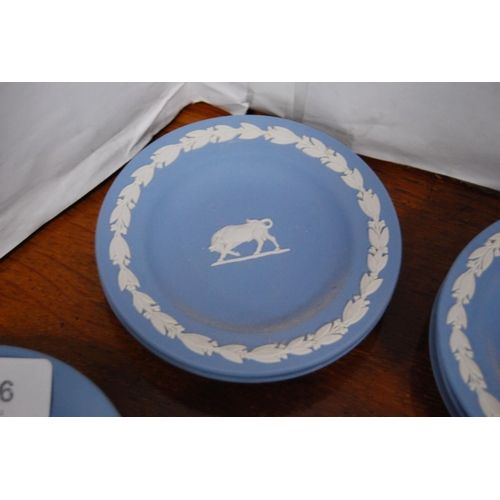 116 - Group of Wedgwood blue Jasper ware pin dishes and one green Jasper ware pin dish.&nbsp;&nbsp;