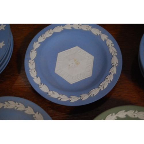 116 - Group of Wedgwood blue Jasper ware pin dishes and one green Jasper ware pin dish.&nbsp;&nbsp;