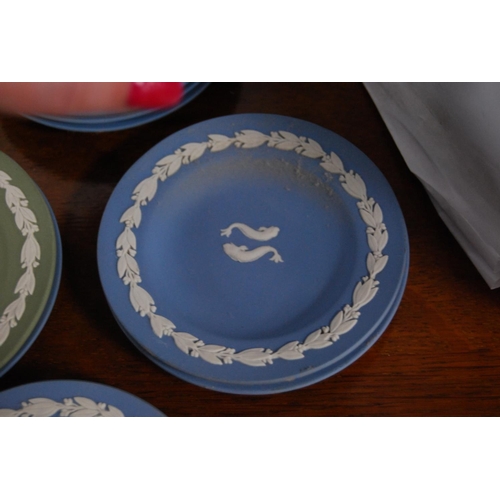 116 - Group of Wedgwood blue Jasper ware pin dishes and one green Jasper ware pin dish.&nbsp;&nbsp;